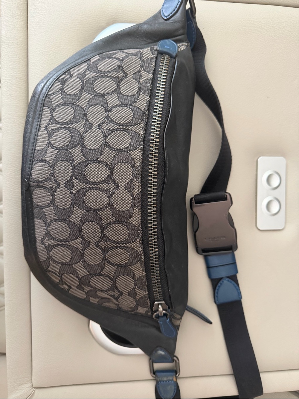 Coach Signature Canvas Belt Bag in Brown and Black with Blue Accents